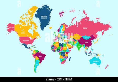 Political world map. Detailed continents, countries borders and names atlas for global travel, statistic or infographic design vector illustration Stock Vector