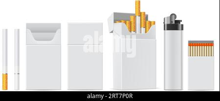 Cigarette product mockup. Realistic cigarettes, white lighter, pack of matches and cigarette box package isolated vector template set Stock Vector