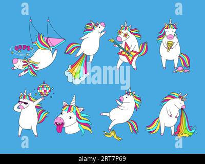 Goofy cartoon unicorns. Funny dumb magic unicorn face, failure fall and rainbow launch. Dabbing dance, fabulous rock star and crying horse vector Stock Vector