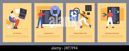 Code testing banners design. Software checking process. People search for errors or virus bugs. Programmers and testers work. Computer developers. Web Stock Vector