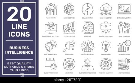 Business Intelligence - thin line vector icon set. The set contains icons Business Strategy, Big Data, Solution, Briefcase, Research, Data Mining, Acc Stock Vector
