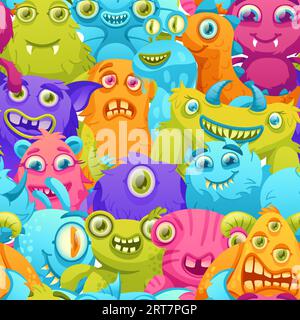Cartoon monsters pattern. Funny crowd of colorful aliens, monster creatures seamless vector background illustration Stock Vector