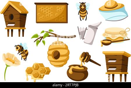 Cartoon honey production items. Honey bees, beehive, honeycomb and bottle of sweet honey vector illustration set Stock Vector