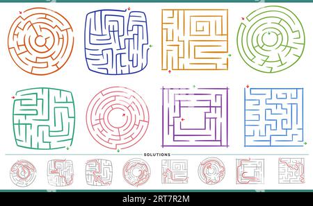 Illustration of maze puzzle games graphs set with solutions Stock Vector