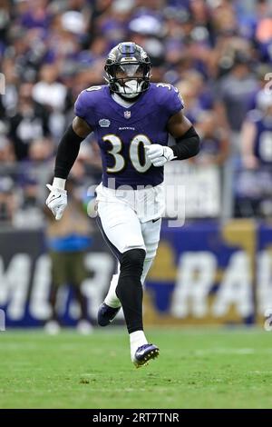 Baltimore Ravens linebacker Trenton Simpson (30) runs down the field during  the second half of an NFL football game against the Houston Texans, Sunday,  Sept. 10, 2023, in Baltimore. (AP Photo/Terrance Williams