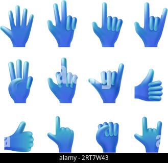 Hand gestures collection. 3D pointed finger gesture, high five or hello waving hand, thumbs up Like and Victory vector illustration set Stock Vector