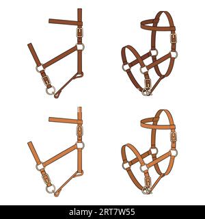 Set of color illustrations with leather halter, headstall, bridle. Isolated vector objects on white background. Stock Vector