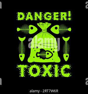 Toxic fish in bag, skeleton, warning danger. Bright vector green illustration on black. Stock Vector