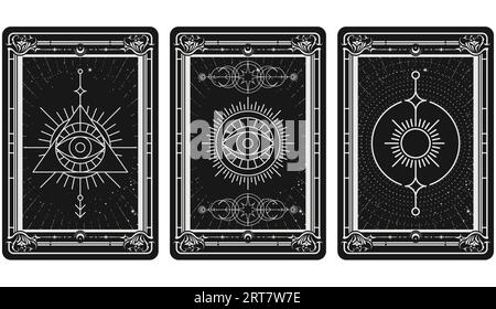 Tarot cards with mystical magic symbols, occult signs, all-seeing eye, occult tribal marks, vector Stock Vector