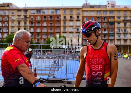 Valencia, Spain. 03rd Sep, 2023. David Castro Fajardo (R) of Spain is seen talking to a coach during the bike race of 2023 Triathlon World Cup in La Marina de Valencia. Credit: SOPA Images Limited/Alamy Live News Stock Photo