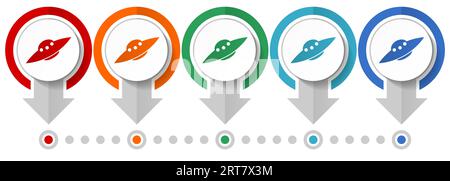 Ufo, alien spaceship vector icon set, flat design infographic template, set pointer concept icons in 5 color options for webdesign and mobile applicat Stock Vector