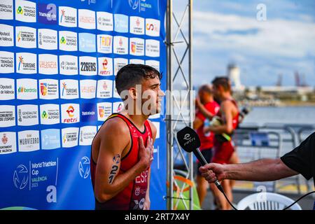 Valencia, Spain. 03rd Sep, 2023. Race winner David Cantero Del Campo of Spain seen during the bike race of 2023 Triathlon World Cup in La Marina de Valencia. Credit: SOPA Images Limited/Alamy Live News Stock Photo