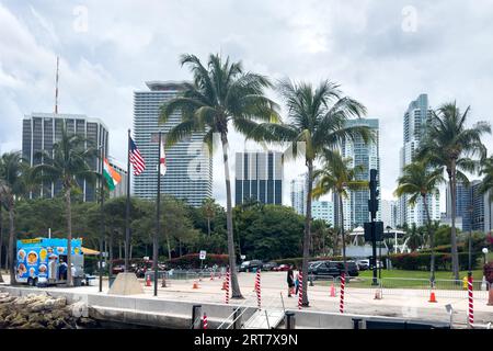 Miami, Florida - August 25th, 2023: Road with tall palms and modern buildings in Miami Beach. Stock Photo