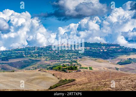 Wide view of the town of Volterra and the surrounding landscape Stock Photo