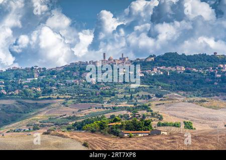 Wide view of the town of Volterra and the surrounding landscape Stock Photo