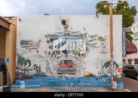 Miami, Florida - August 25th, 2023: Wall Painting at a restaurant in Little Havana Miami. Stock Photo