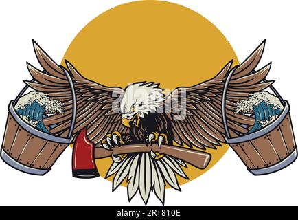 hand drawing an eagle's grace: Water on one wing, an axe in its grasp vector illustration Stock Vector