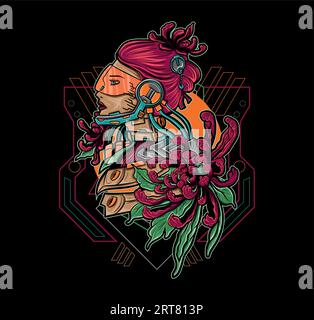 Stunning Mecha Girl: A Floral Touch Hand-drawn Illustration Vector that beautifully combines futuristic robotics with the delicate elegance of nature Stock Vector