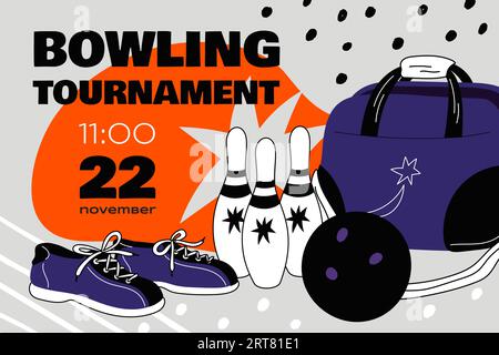Bowling tournament invitational banner. Game competition event date. Team play. Bag for shoes. Ball and pins. Gaming accessories. Vintage poster Stock Vector