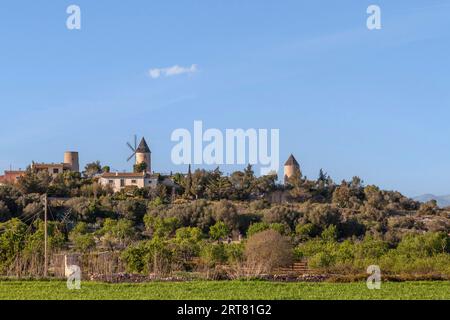 Windmills of Es Puget, district of Santa Eulalia, Majorca, Balearic Islands, Spain Stock Photo