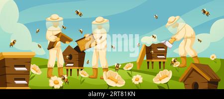 Cartoon beekeepers at apiary. Honey bees flying around beehives in flower field, blooming wildflowers and apiary workers. Rural beekeeping life vector Stock Vector