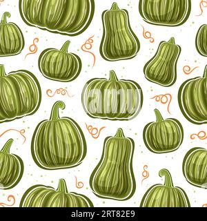 Vector Kabocha Seamless Pattern, square repeat background with cut out illustrations of ripe whole various pumpkins and orange twisted stalk for wrapp Stock Vector