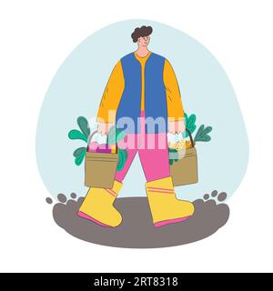 A man carries vegetables in buckets. Agricultural autumn work. Harvesting. Flat illustration Stock Vector