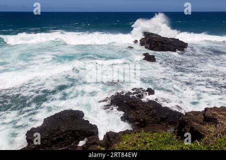 Waves breaking on the rocks at Gris Gris in Souillac on the south coast of Mauritius Stock Photo