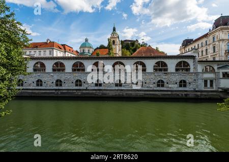 View over the Ljubljanica river to the famous market place in Ljubljana on sunny day Stock Photo