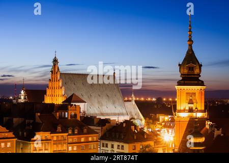 Old Town of Warsaw skyline at twilight in Poland, Royal Castle clock tower, historic houses and St. John's Archcathedral, city landmark Stock Photo