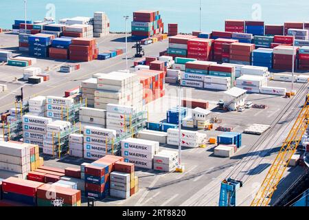 NAPIER, NEW ZEALAND -SEPTEMBER 30, 2017: Shipping containers lay ready the Port of Napier for export from New Zealand Stock Photo