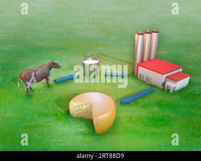 From cow's milk to cheese production. Digital illustration, 3D render. Stock Photo