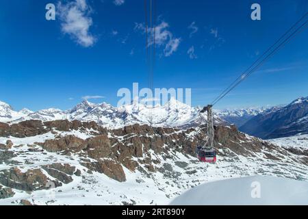 Zermatt, Switzerland, April 13, 2017: The cable car to Klein Matterhorn Mountain in the Swiss Alps Stock Photo