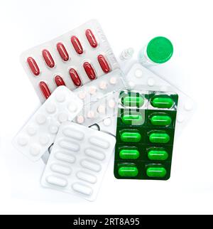 Different pill and tablet medicine blisters Stock Photo