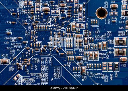 Printed circuit Board with chips and radio components electronics Stock Photo