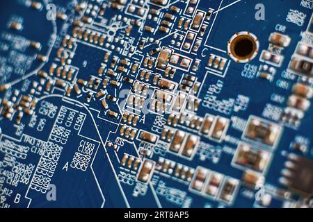 Printed circuit Board with chips and radio components electronics Stock Photo