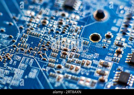 Printed circuit Board with chips and radio components electronics Stock Photo
