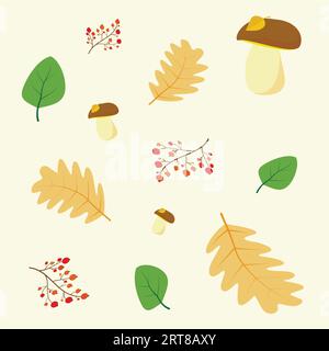 Pattern of mushroom leaves and rowan twigs. Vector illustration Stock Vector