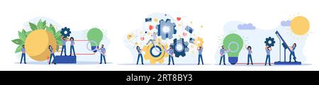 Eco energy vector alternative ecology illustration clean environment. Power solar renewable nature panel with people. Electric Earth sun business tech Stock Vector