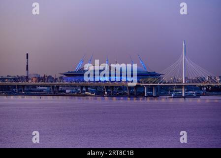 Saint Petersburg, Russia, May-11-2018: Gazprom arena soccer stadium seen from baltic sea in the evening Stock Photo