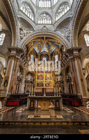 Alabaster windows in dome and altar inside Valencia cathedral in Valencia, Spain on 25 August 2023 Stock Photo