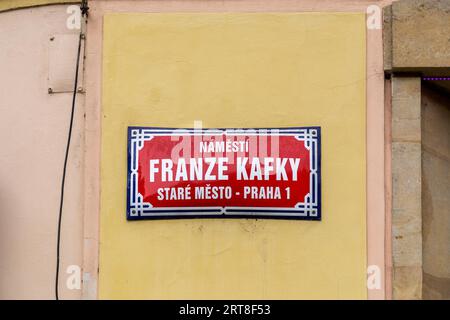 Prague, Czech Republic, March 19, 2017: Franz Kafka Road sign Stock Photo