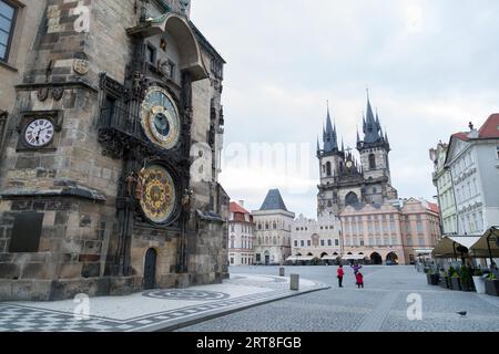 Prague, Czech Republic, March 21, 2017: The famous astronomical clock and the Old Town Square in the city centre Stock Photo