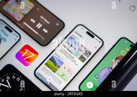 Official website of iOS 17 seen in iPhone screen. iOS 17 is an Apple's iOS operating system for the iPhone, and it is the successor to iOS 16. Stock Photo