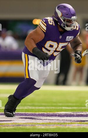 Minnesota Vikings defensive tackle Khyiris Tonga (95) runs toward the  football during the second half of an NFL football game against the Tampa  Bay Buccaneers, Sunday, Sept. 10, 2023, in Minneapolis. (AP