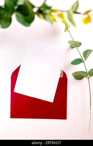 Red envelope with empty white card for text and eucalyptus branches on white background. Blank invitation or greeting card mockup with copy space Stock Photo