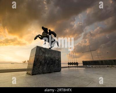 The statue of Alexander the Great at the New Promenade of Thessaloniki, around sunset. Macedonia, Greece, Europe. Stock Photo