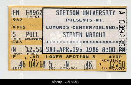 A used ticket for a performance by comedian Steven Wright at Stetson University in DeLand, Florida. Stock Photo