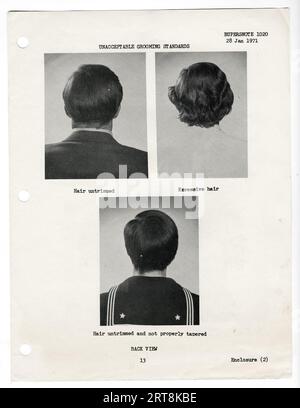 U.S. Navy Bureau of Personnel Notice showing 'Acceptable Grooming Standards' sent to all Navy bases and ships in 1971. Stock Photo