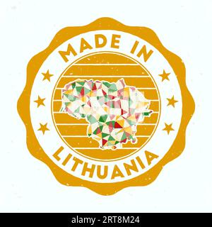 Made In Lithuania. Country round stamp. Seal of Lithuania with border shape. Vintage badge with circular text and stars. Vector illustration. Stock Vector